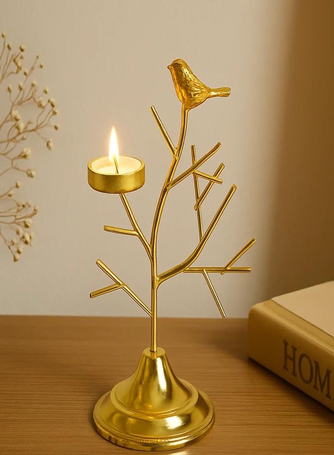 The Decor Wick حامل شموع على شكل شجرة طيور معدنية ذهبية اللون من ديكور ويك (قطعة واحدة) | حامل شموع مزخرف لتزيين المنزل، وقطعة مركزية لطاولة الاحتفالات في ديوالي | الارتفاع 22 سم | القاعدة 10 × 10 سم - Image 2